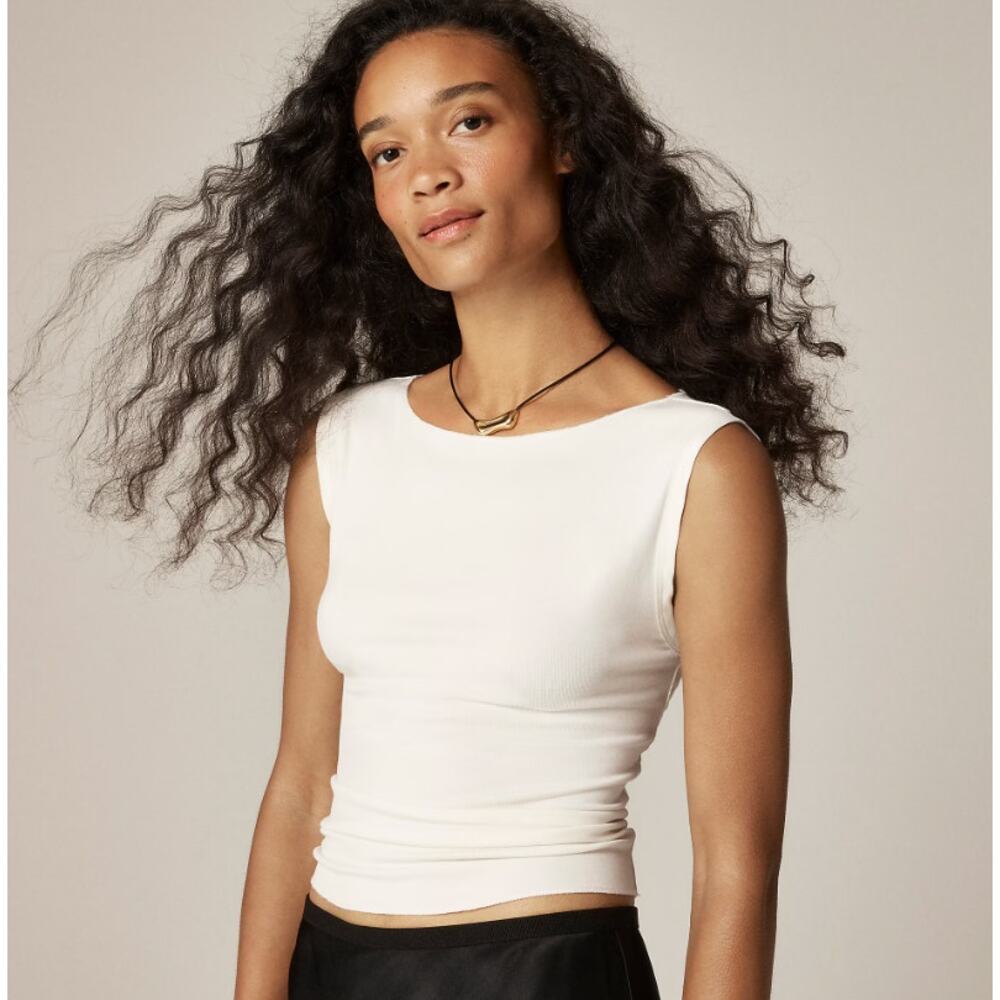 J.Crew Refined Rib Shell Tank WMNS S Cream Pullover Slim Fit Boatneck Satin Trim